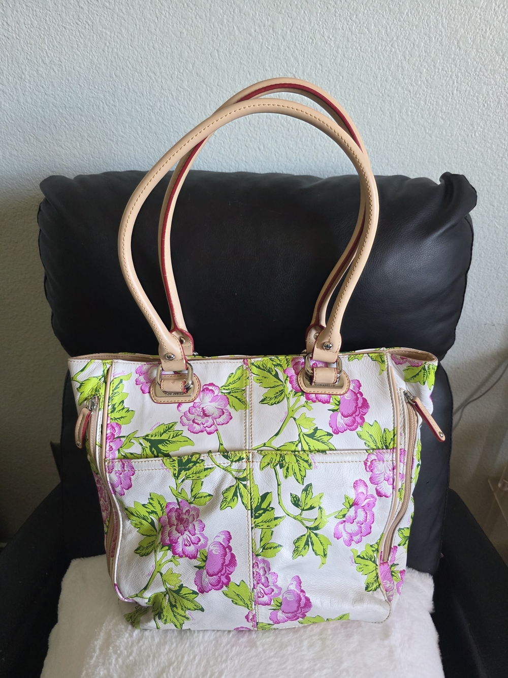 Tignanello Pink & Green Floral Tote with Beige Handles